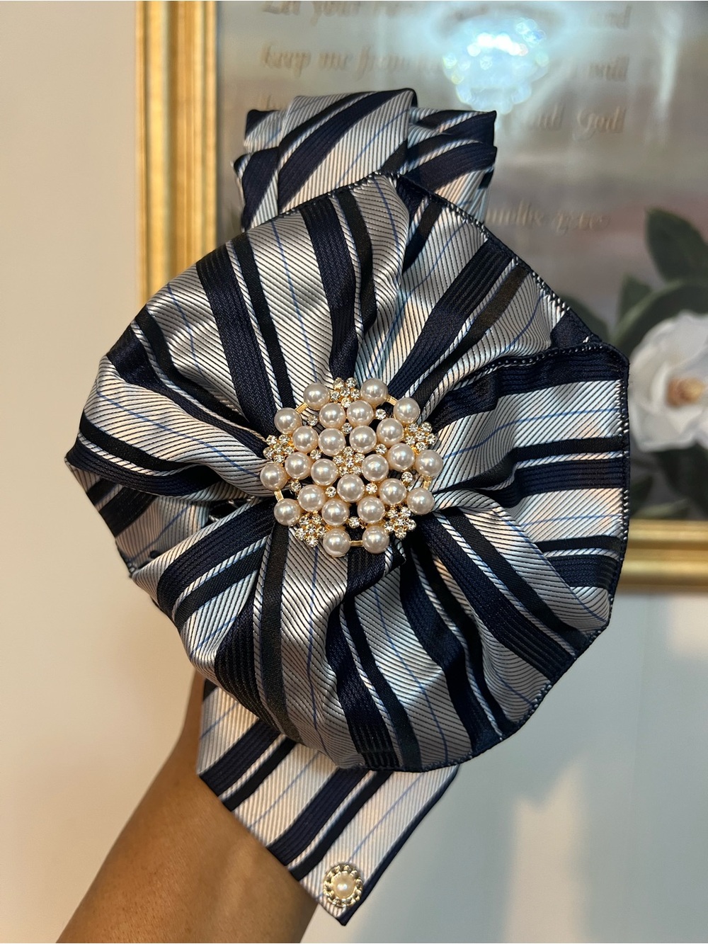 Navy and Silver Striped Floral Pearl Brooch Headpiece